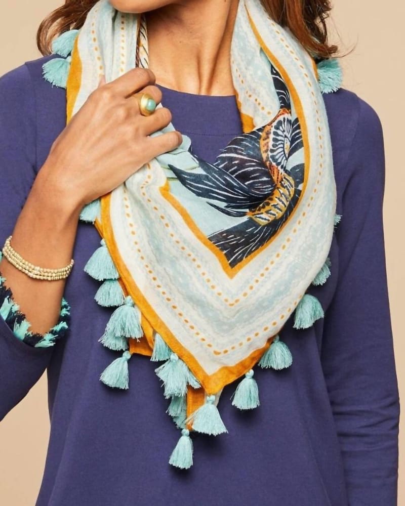 Front of a model wearing a size one-size-fits-all Square Scarf In Riverside Station Floral in Riverside Station Floral by spartina 449. | dia_product_style_image_id:354877